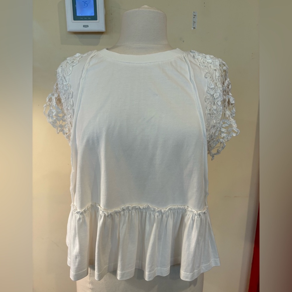 Anthropologie White Crochet-Sleeve Peplum Tee